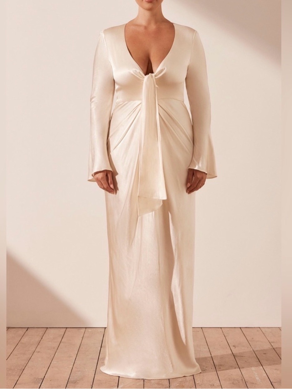 Shona Joy La Lune Ivory Satin Tie-Front Maxi Dress Nwt